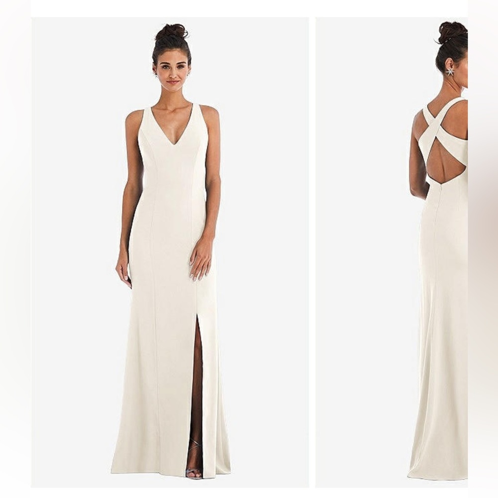 Dessy Criss Cross cutout back maxi dress front slit, 14, ivory